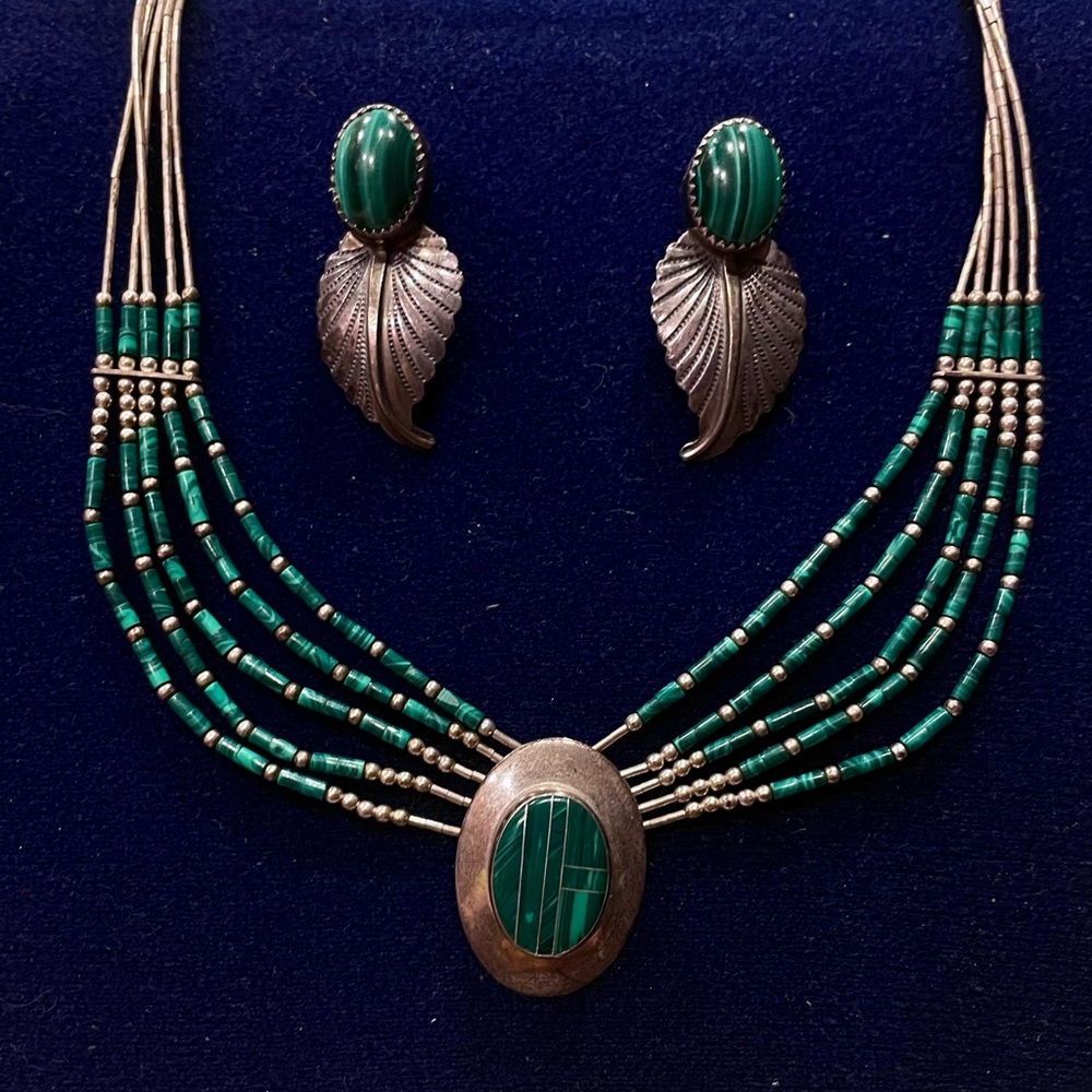 Vintage malachite necklace and earrings